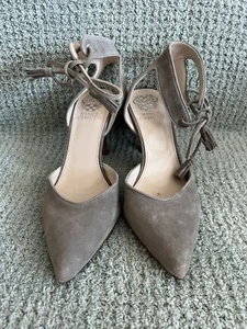 Vince Camuto 8M Bellamy Beige Suede Ankle Wrap Dorsay Heels Pointed Toe Pump - Picture 1 of 7