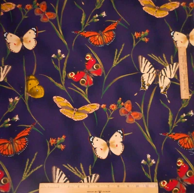 Quilt Fabric By The Yard Butterflies on Navy Blue & Purple Premium Cotton Vtg - Image 1 of 4