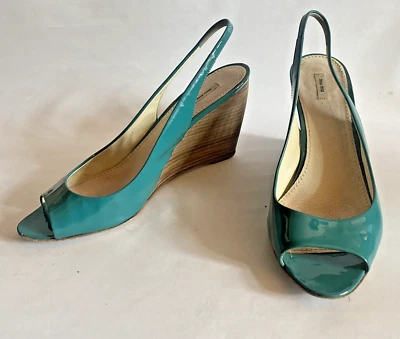 Vintage Miu Miu Stacked Wood Wedge Heels 8 EU 38.5 Aqua Patent Dainty Peep toe - Image 1 of 4