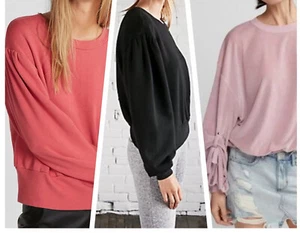 Express Balloon Tie-Sleeve Velvet or Balloon Puff Sleeve Pullover Sweatshirt  - Picture 1 of 22