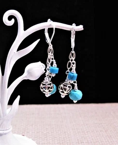 Gorgeous 925 Sterling Silver & Pewter Turquoise Lever back Earrings F90 - Picture 1 of 2