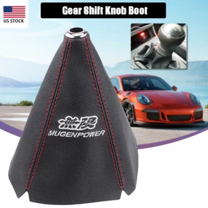 US MUGEN Shift Knob Shifter Boot Cover MT/AT w/ PVC Leather Red Stitches Black - Foto 1 di 8