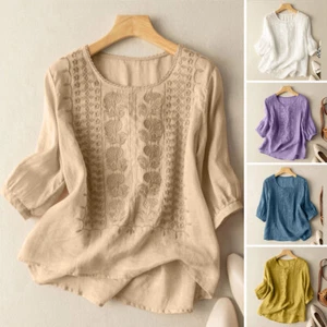 ZANZEA Womens 3/4 Sleeve Tops Floral Embroidery Casual Loose Cotton Shirt Blouse