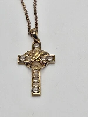  Danbury Mint Gold Tone Clear Glass Cabochon Cross Heart Pendant Necklace - Image 1 of 4