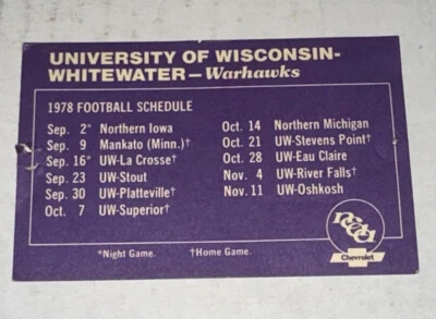 University of Wisconsin UW Whitewater Warhawk Football Pocket Mini Schedule 1978 - Image 1 of 3