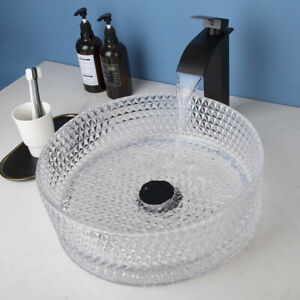 16" Round Bathroom Sink Crystal Clear Glass Vessel Sink Combo Black Faucet Drain