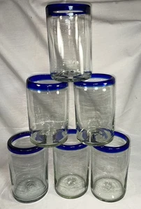 "6 vasos de vidrio mexicanos soplados a mano con borde azul cobalto 5,25"" de alto 16 oz Pontil" - Imagen 1 de 7
