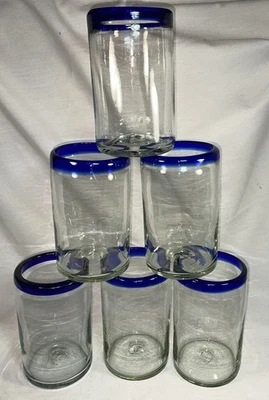 "6 vasos de vidrio mexicanos soplados a mano con borde azul cobalto 5,25"" de alto 16 oz Pontil" Foto 1 de 4