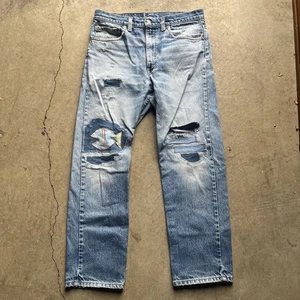 Vintage Levi's 505 PATCHWORK Jeans 34x28 Red Batwing UNIQUE FISH PATCH - Picture 1 of 8