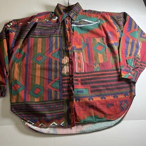 At Last Basics vintage 1992 Aztec Button Down Shirt Size Large cotton Bangladesh - Picture 1 of 9