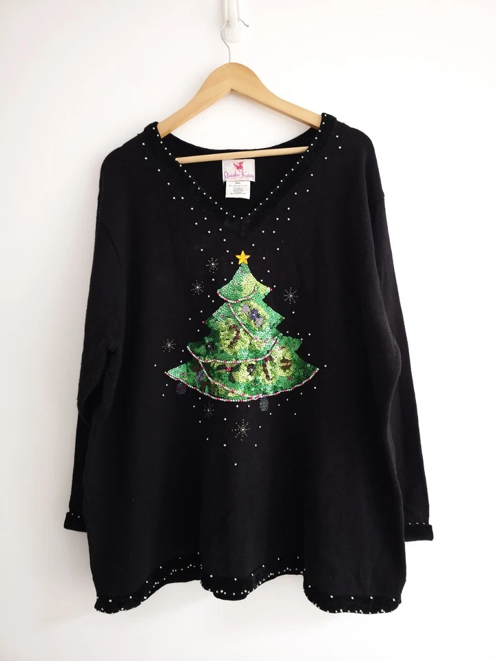 Vtg The Quaker Factory Womens Christmas Festive Beaded Sequin Tree Jumper Sz XXL - Image 1 of 4