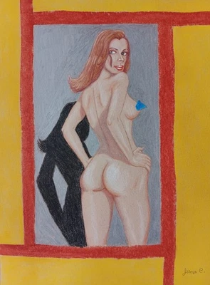 Female figure drawing colored pencil chalk nude artist Jerome Cadd Mirror check - Image 1 of 4