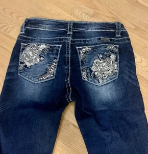 Miss Me Girls Skinny Jeans 14 Embroidered Rhinestones Dark Blue Faded Stretch - Picture 1 of 10