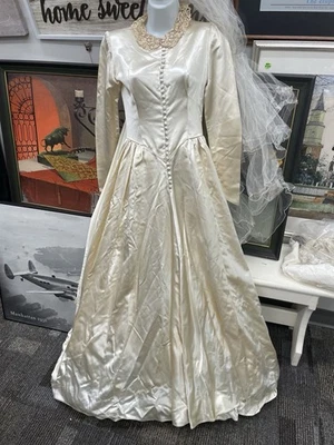 Vintage Silk Wedding Dress Hoop Skirt Veil Slip 1950s Note Silk Has Yellowing - Image 1 of 4