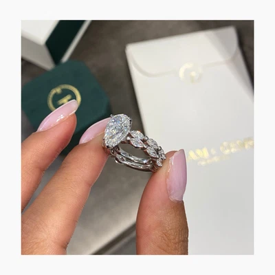 Pear Diamond Ring & Band Set VS1 F IGI Certified 4.3Ct Labcreated 18K White Gold - Image 1 of 4