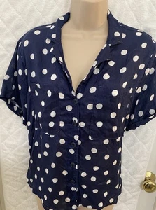 Anthropologie Maeve Women Button Down Shirt Top Surf Linen Navy Dot Sm Casual - Picture 1 of 19