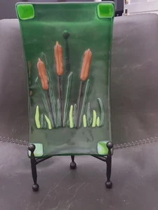 Handmade Fused Glass Art Panel Cattails Green Nature Scene w/ Iron Display Stand - Picture 1 of 4