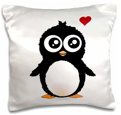 New 16"x16" Pillow Case Satin Sham 3dRose Penguin with Love Heart Black & White - Image 1 of 2