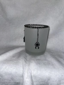 Votive Candle Holder - white glass with spider charms - halloween - Picture 1 of 3