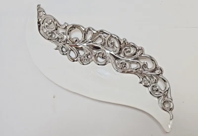 222 Fifth Platter Large Leaf Shaped White Ceramic Serving Tray Open Cut Silver - Image 1 of 4