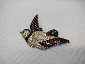Enamel & Rhinestone Bird Brooch Pin Goldtone Blue Green Red - Picture 1 of 5