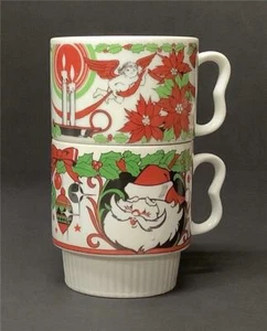 2 vintage Christmas stacking Coffee cocoa cups/mugs Angels Santa porcelain Japan - Picture 1 of 7