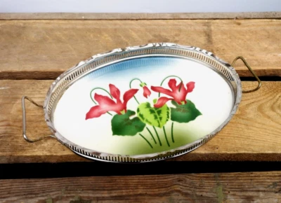 schönes altes Jugendstil Keramik Tablett - florales Blumen-Dekor / 1910-1920 - Bild 1 von 4