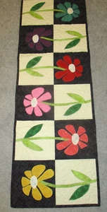 Hand Made Quilted Table Runner/ Topper /Mat ~ Multi Color Flowers~13" x 38" - Picture 1 of 5