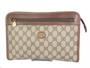Authentische Gucci Vintage GG Muster PVC Canvas & braun Leder Clutch Handtasche Tasche Italien - Bild 1 von 16