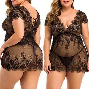 Plus Size Women Sexy Lingerie Eyelash Lace Intimates Babydoll Nightgown Dress US - Picture 1 of 22