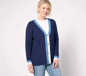 Denim & Co. Firma Novedad Botón Suéter Tejido Cárdigan-Azul Marino-Grande-A627218 - Imagen 1 de 2