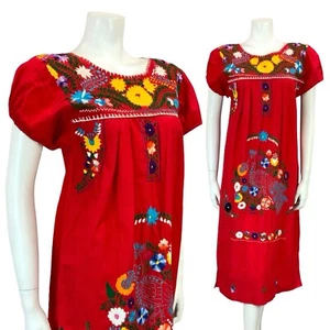 VTG 60S 70S RED BLUE GREEN YELLOW MEXICAN FOLK FLORAL EMBROIDERY DRESS 10 - Picture 1 of 9