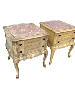 PAIR VINTAGE Nightstands End Table FRENCH STYLE by VAN SCIVER Pink Marble Tops - Image 1 of 4