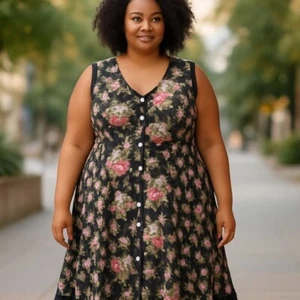 Amanda Smith Midi Shirt Dress Womens 2x Black Floral Lined Career Peasant Boho - Picture 1 of 10