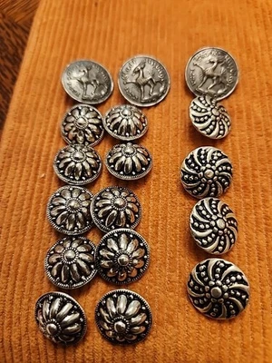 17 Slight Dome Silver Tone Metal Shank Buttons •  Flower &  Deer - Image 1 of 4