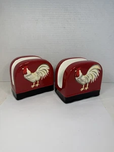 Casa Vero Rooster Napkin Holder, Red, Hand-Painted Ceramic Set Of Two - Picture 1 of 5