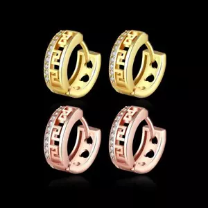 Elegant Gold Filled CZ Crystal Greek key Round Hoop Womens Vogue Earrings - Picture 1 of 19
