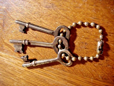 3 Antique Steel SKELETON KEYS for Building Doors On Chain Marked BEAD CHAIN - Image 1 of 2