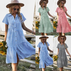 Women's Short Sleeve CHECK Summer Holiday Button Through Midi Smock Dress SIZE - Picture 1 of 17