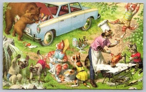 Mainzer Cats Family Picnic Bear Raid Anthropomorphic Dressed Animal Postcard L10 - Picture 1 of 2