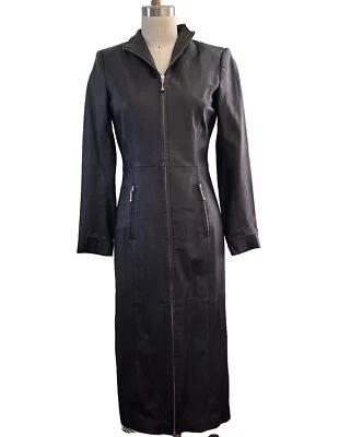 Hermoso Vestido Abrigo Vintage Años 80 Cuero Negro con Doble Cremallera Talla 6 Foto 1 de 4