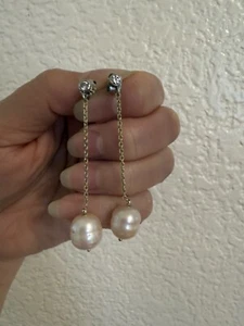 14k Yellow Gold White Gold .20ct Dangling Diamonds Pearls Earrings - Picture 1 of 9
