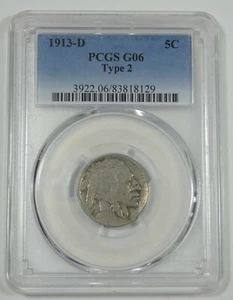 1913-D Tipo-2 Buffalo Nickel Certificado PCGS G 06 5c - Imagen 1 de 4