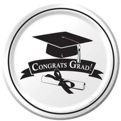 Graduation School Colors White 9 Inch Paper Plates 18 Pack White Grad Tableware - Image 1 of 1
