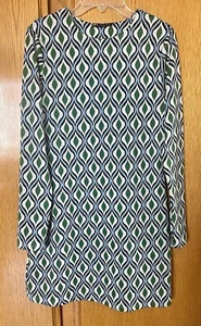 ZARA Dress Womens Small Green Blue A-Line Long Sleeve Retro Print Stretch Fitted - Picture 1 of 24