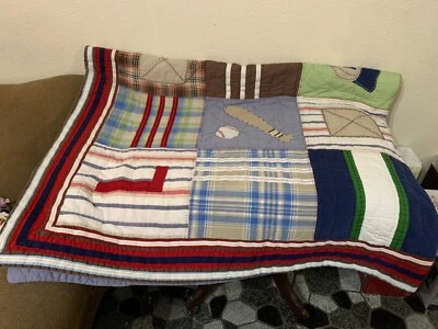 Pottery Barn Kids Sports Twin Quilt 68" x 86" Patchwork Hand Stitch Cotton - Image 1 of 4