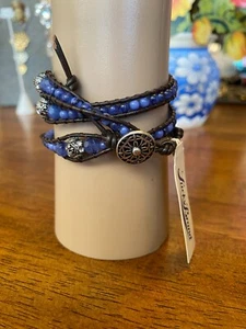 Lucky Brand Triple Wrap Bracelet Blue Semi-Precious Stone Black Leather Cord NWT - Picture 1 of 4