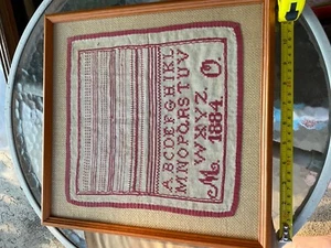 antique needlepoint sampler framed. intitals M.O.   1884. 10x 11 - Picture 1 of 2