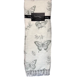 Nicole Miller Green Butterfly Chenille Throw Blanket Oversized Ivory Tassels NEW - Picture 1 of 6