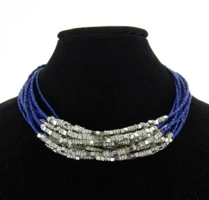 Collar de cuello de cuentas de vidrio multi-hebra occidental de 17-21" azul plateado - Imagen 1 de 4